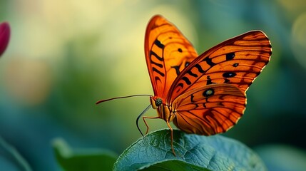 Orange Butterfly on Green Leaf in Natural Sunlight