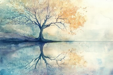 Artistic tree reflection in water, dreamy and atmospheric watercolor rendering