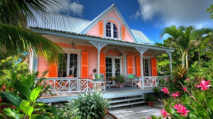 Fototapeta premium Caribbean-inspired beach house with colorful wooden shutters, lush palms, and ocean breeze.