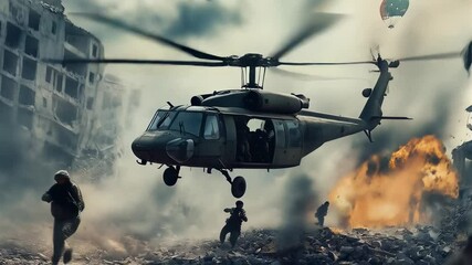 Military helicopter flies over a battlefield with explosions and soldiers in a war-torn city during combat operations