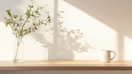 Simple, sunny, minimalist home decor with plant shadows