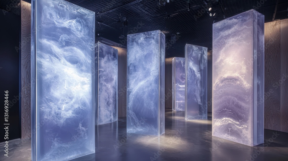 Poster abstract light installation with ethereal pillars and soft colors