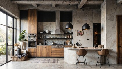 Modern kitchen interior with wooden accents and sleek design