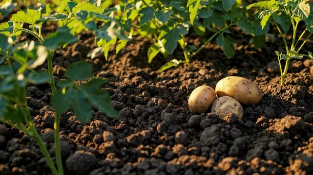 Fresh potatoes on rich soil with green leaves in sunlight, agriculture concept
