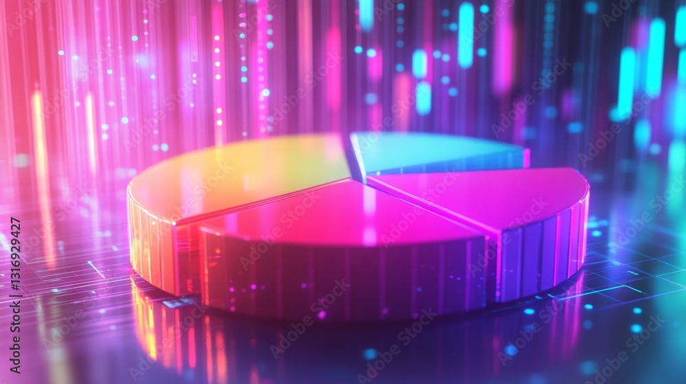Aufkleber a colorful d pie chart with glowing segments, displayed in a digital workspace with a soft light gra
