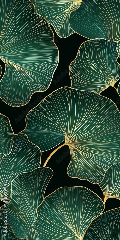 Poster a pattern of green leaves with intricate lines on a dark background.