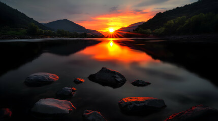 A beautiful sunset over a calm river between mountain silhouettes