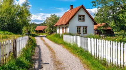 Charming rural home with a gravel driveway and a picket fence.
