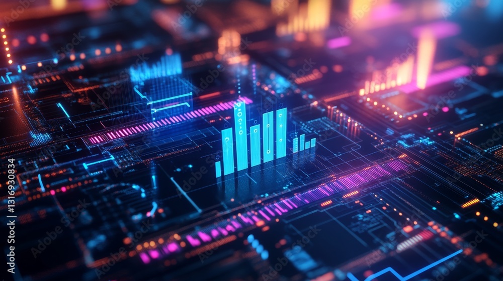 Aufkleber vibrant d bar graphs and fluctuating line charts hover above a cyber-tech circuit board, pulsating w