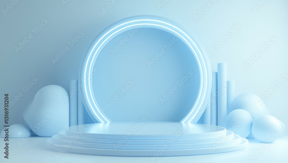 Poster a minimalist stage design with soft blue tones and glowing circular elements.