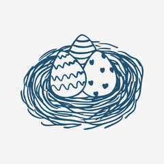 doodle of decorated easter eggs inside bird's nest. Vector illustration