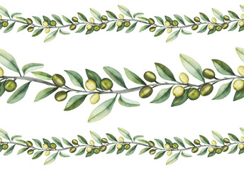 Watercolor horizontal border of olive branches.Olive border, rustic seamless pattern. Hand drawn texture branch, green fruit, graphic leaves on white background.Pattern for postcards, fabrics.