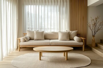 Fototapeta premium A modern Scandinavian interior design in the living room with minimalist, beige sofa and wood coffee table. Generative AI 