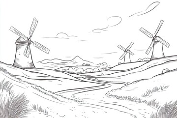 Scenic landscape with windmills in black and white outline style