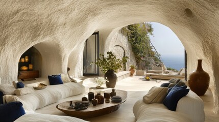 Fototapeta premium Chic Mediterranean villa with whitewashed walls, blue accents, and coastal views.