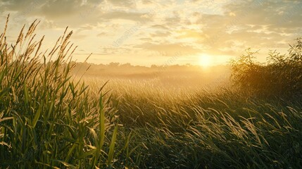 Fototapeta premium Golden sunset over misty meadow with tall grass.