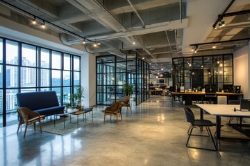 Modern open plan office space with glass partitions, polished concrete floors, and city views.