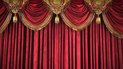 Elegant red velvet stage curtains with gold accents. Perfect for theatre, drama, or luxury backgrounds. - Powered by Adobe