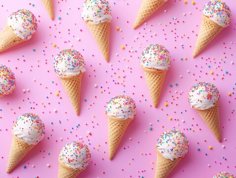 Delightful ice cream cones with colorful sprinkles on a pink background creating a cheerful and sweet mood perfect for summer treats
