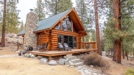 Classic log cabin in a dense pine forest with a stone chimney and cozy ambiance.