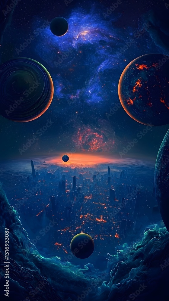 Poster celestial scene of multiple planets in the sky creating a surreal cosmic landscape with stars and ni