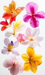 A vibrant arrangement of various colorful flowers on a light background.