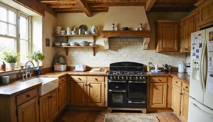 Cozy kitchen with wooden cabinets and vintage stove