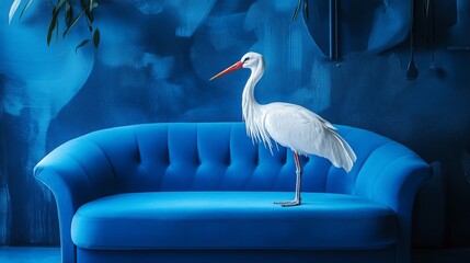 A white bird stands on a vibrant blue couch in a stylish, artistic interior setting.