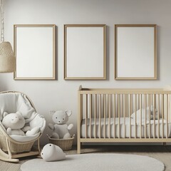 A serene nursery featuring a crib, rocking chair, and soft toys in neutral tones.