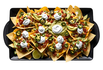 A plate of fully loaded nachos with melted cheese, jalapeños, guacamole, and sour cream, arranged in an appetizing way on a transparent background.