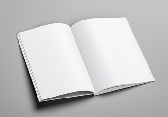 Open blank book mockup with clean white pages on gray background
