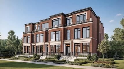 Fototapeta premium Classic urban townhouse with a historic brick facade, iron railings, and large bay windows.