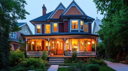 Obraz premium Classic Victorian home with a wraparound porch, detailed gingerbread trim, and soft evening lighting.