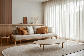 A modern Scandinavian interior design in the living room with minimalist, beige sofa and wood coffee table. Generative AI
