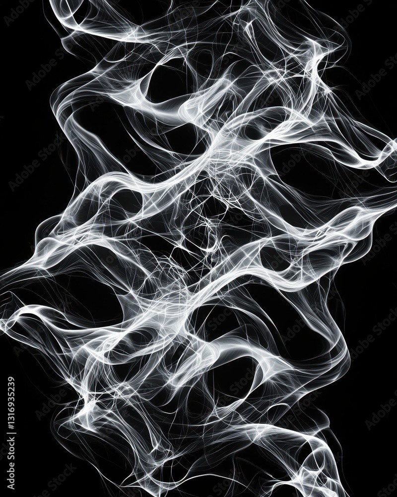 Poster a swirling abstract pattern of smoke or vapor on a dark background, creating a sense of movement and