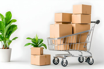 Cardboard boxes in a shopping cart next to potted plants