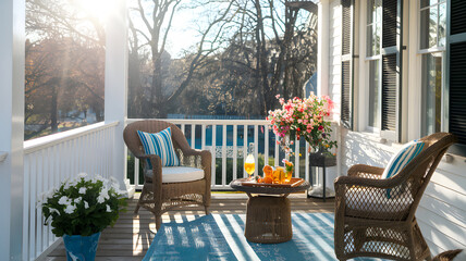 A sunlit porch with wicker chairs and a small table set with drinks.