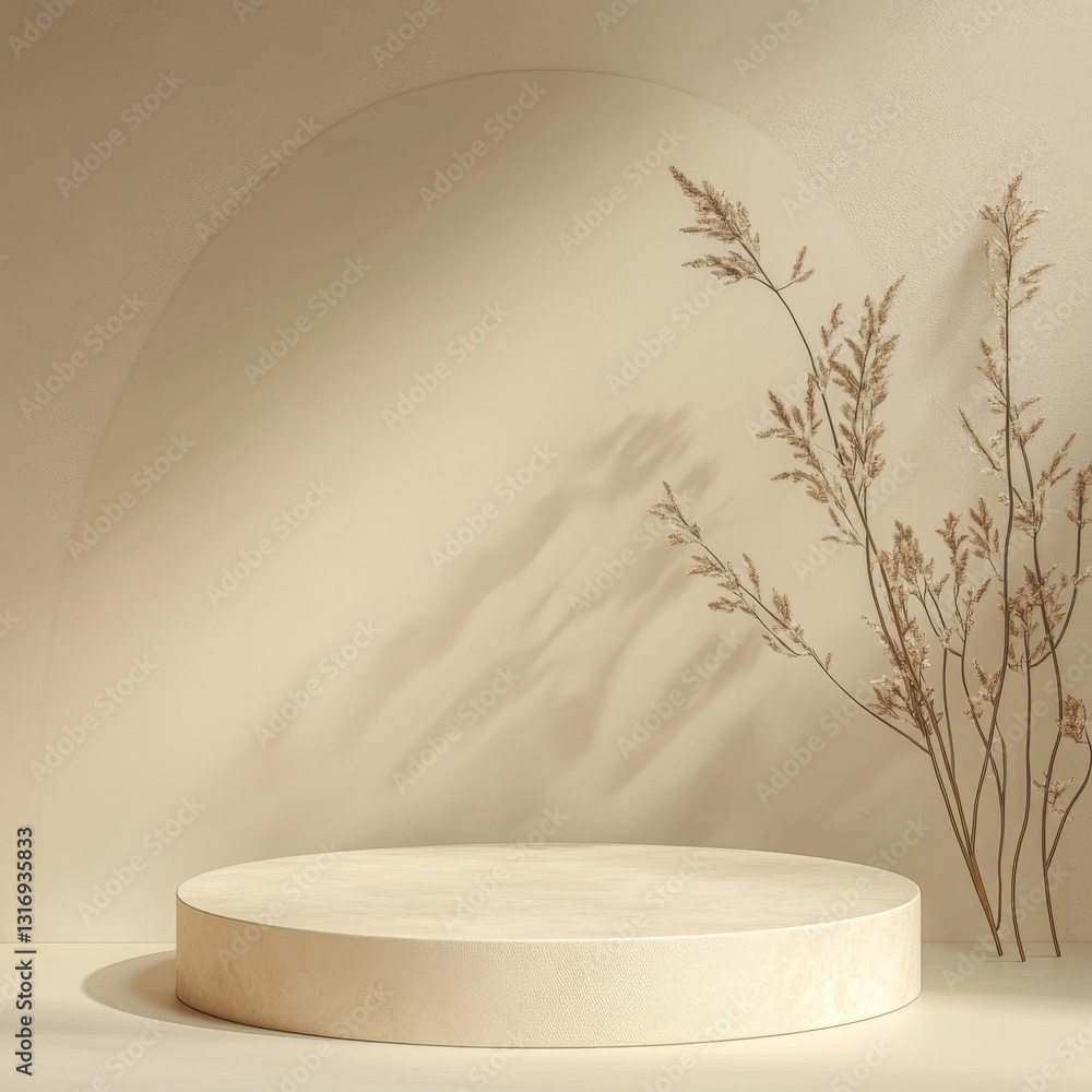 Poster a minimalist display with a circular platform and delicate plant shadows.