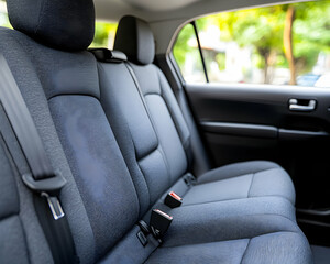 Cars rear seats dark grey fabric showing texture and seatbelts