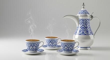 Fototapeta premium Traditional Middle Eastern coffee set in elegant white and blue tones, featuring ornate patterns and a beautifully crafted pot. Symbolizing Eid hospitality and cultural heritage