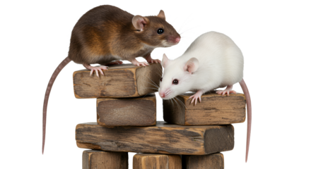 Two mice climbing wooden blocks on a white background studio shot
