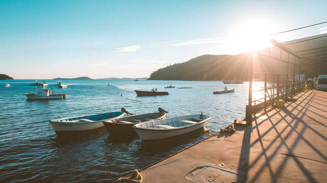 A sunlit dock with small fishing boats bobbing on the water and long shadows stretching.
