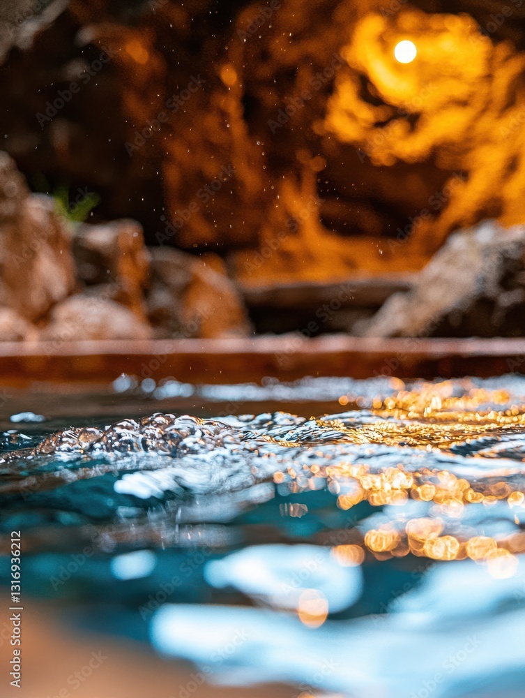 Poster a serene view of water rippling beneath a cave, illuminated by warm light, creating a tranquil and i