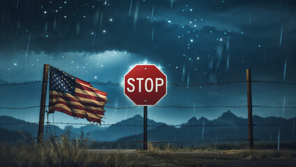 stop sign, barbed wire, american flag
