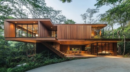 Obraz premium Contemporary home with a beautifully designed wooden facade.