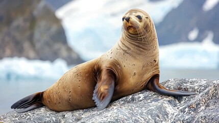 Fototapeta premium Sea lion resting on rock near glacier.