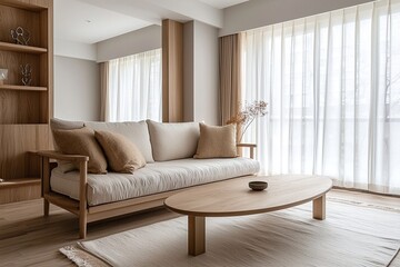 Fototapeta premium A modern Scandinavian interior design in the living room with minimalist, beige sofa and wood coffee table. Generative AI 