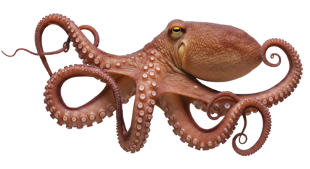 Octopus Floating with Tentacles Curled on a Clean White Background