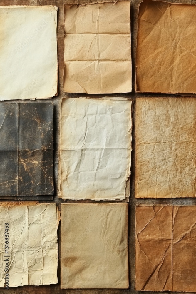 Poster an array of aged paper textures displaying a variety of folds wrinkles and tones creating a rich vin