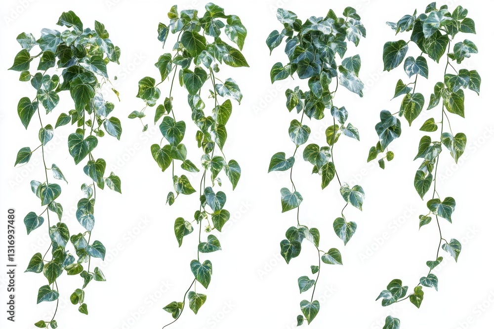 Poster cascading variegated ivy foliage on a pristine white background creating a vibrant botanical composi